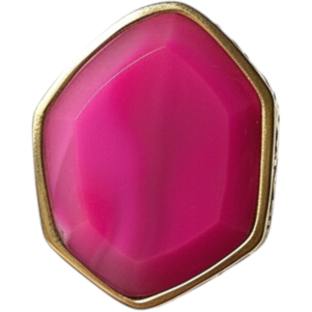 Boho Thailand Magenta Pink Stone Gold Tone Woven Bezel Hammered Band Ring
